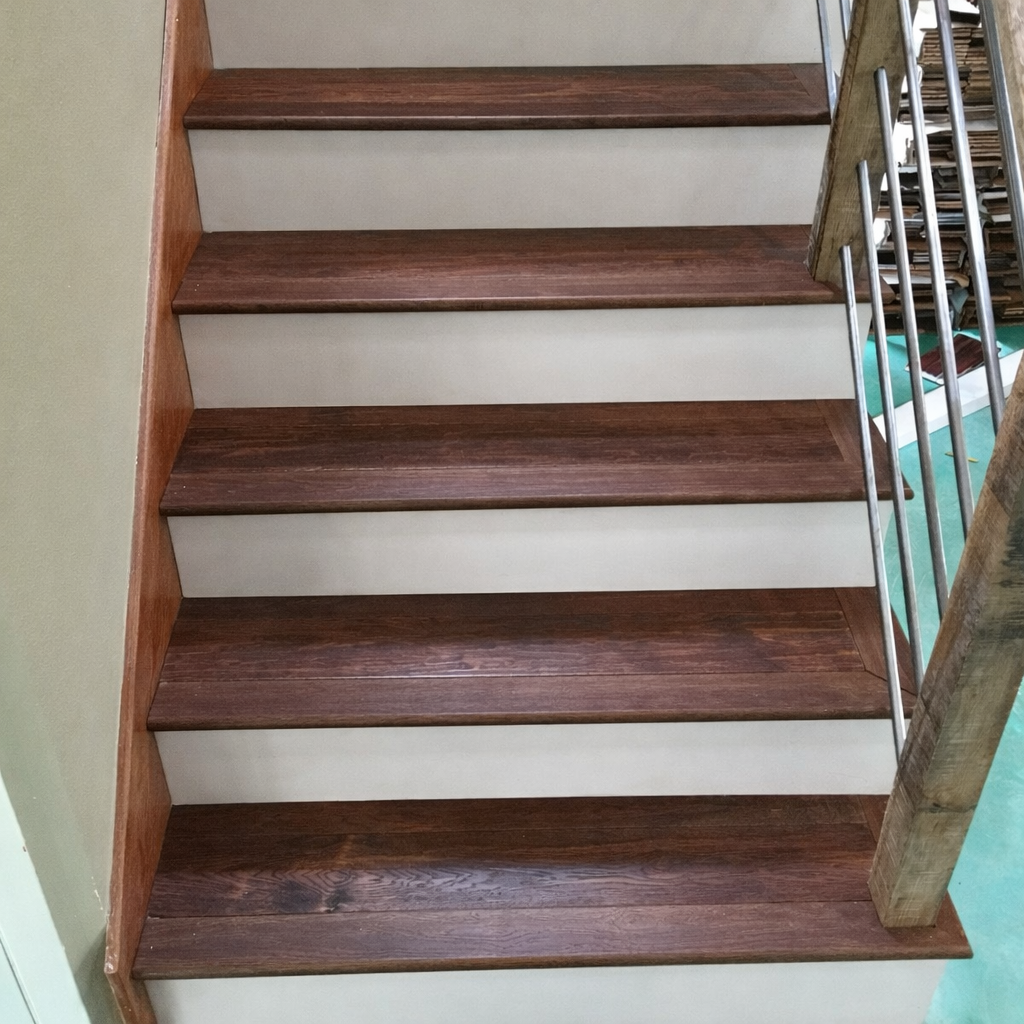 Clean white risers and wooden steps