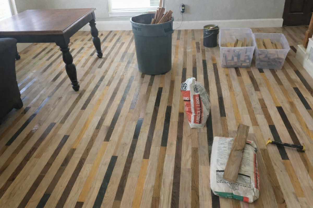 Hardwood floor installation in progress